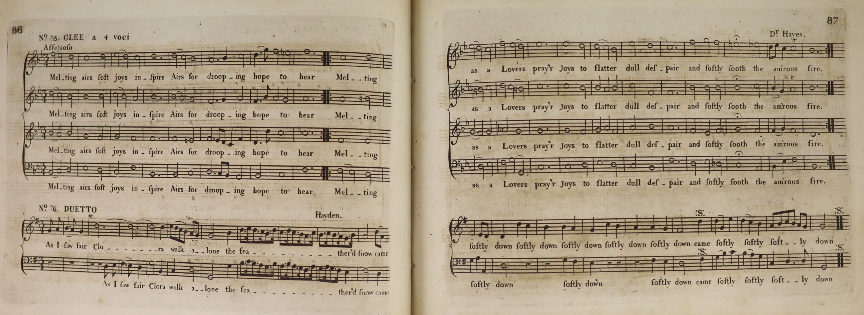 Various. Anon - A Collection of Catches, Canons, Glees, Duets &c, selected from the works of the most eminent composers Antient and Modern. 4 vols bound together. Title page to each volume. Half morocco and pebbled cloth